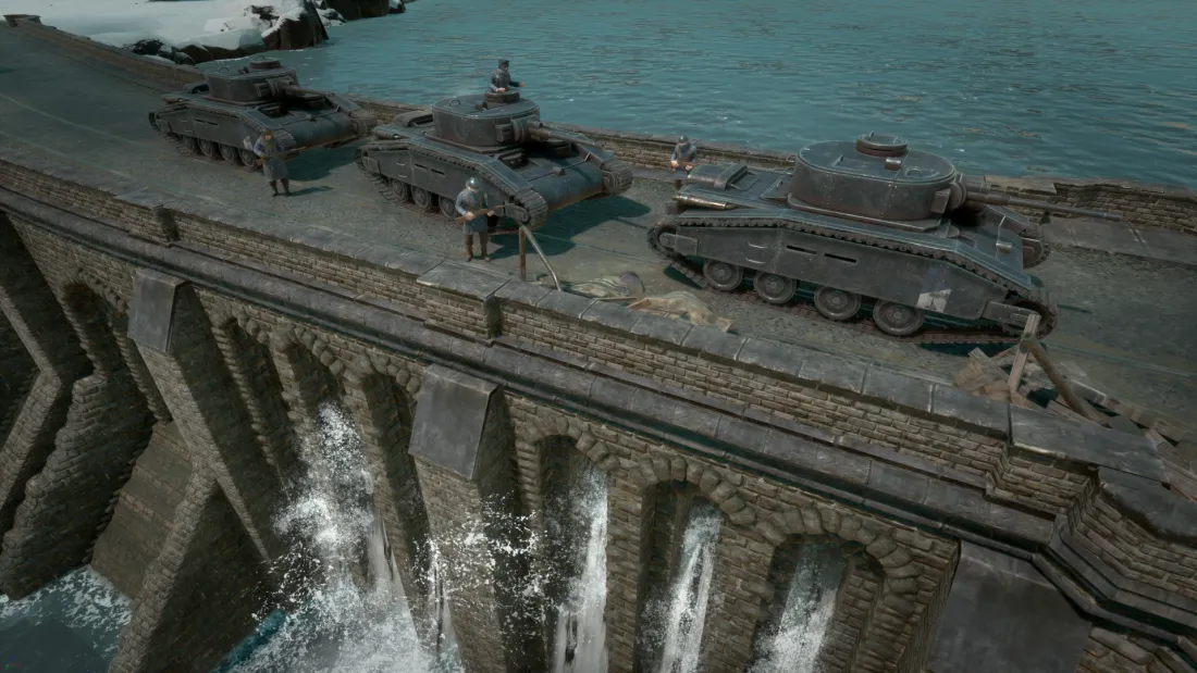 Trois chars et leurs équipages en uniforme bleu alignés sur un pont de pierre.