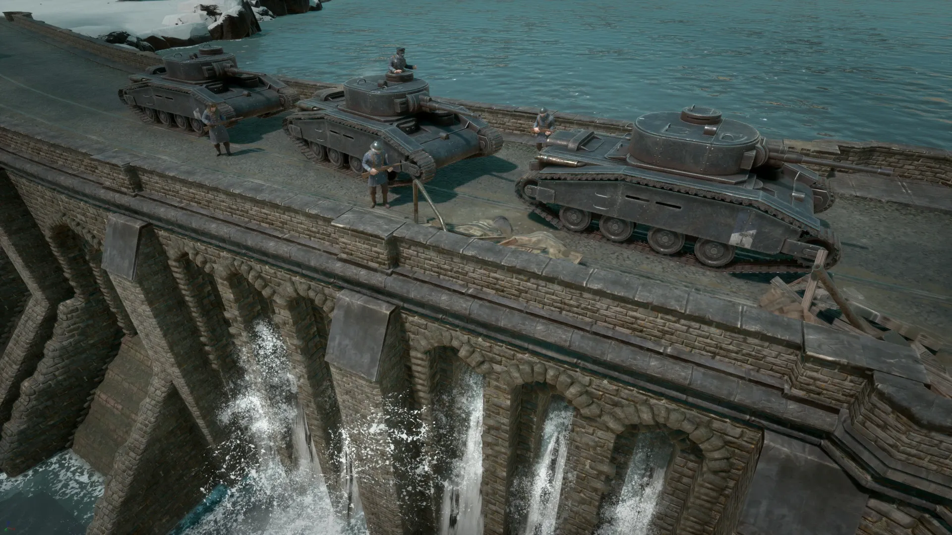 Blindés et équipages Warden sur un pont de pierre.