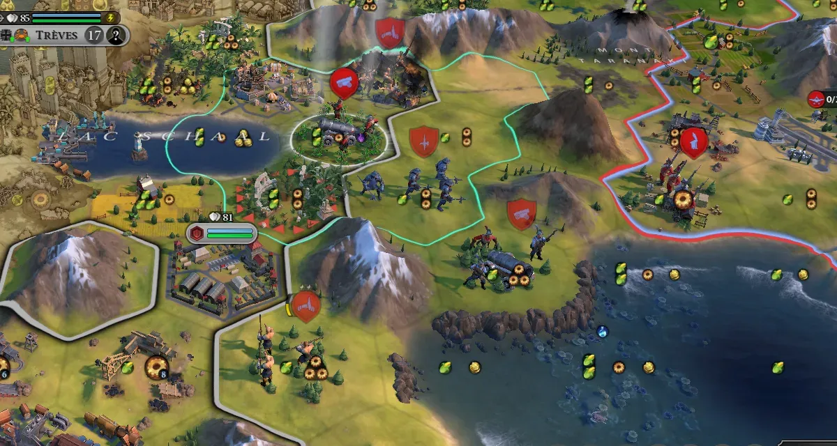 Carte de Civilization VI : des unités et des bombardes entre un lac, des montagnes enneigées et la côte.
