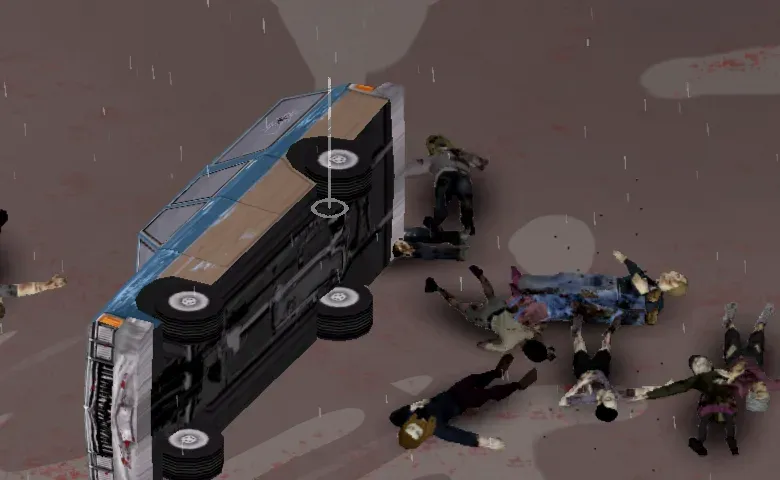 Vue de dessus d’une voiture couchée sur le flanc, sous la pluie, au milieu de zombies, la plupart étendus au sol.